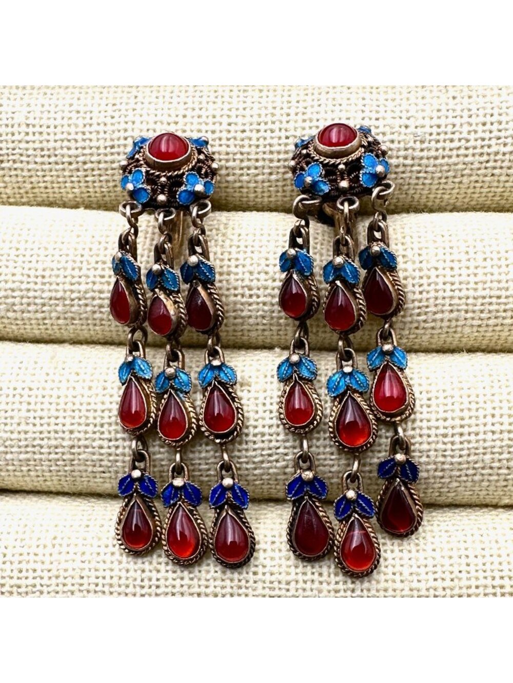 Antique Chinese Earrings Carnelian Gold Plated Sterling Silver 2" Earrings Rare